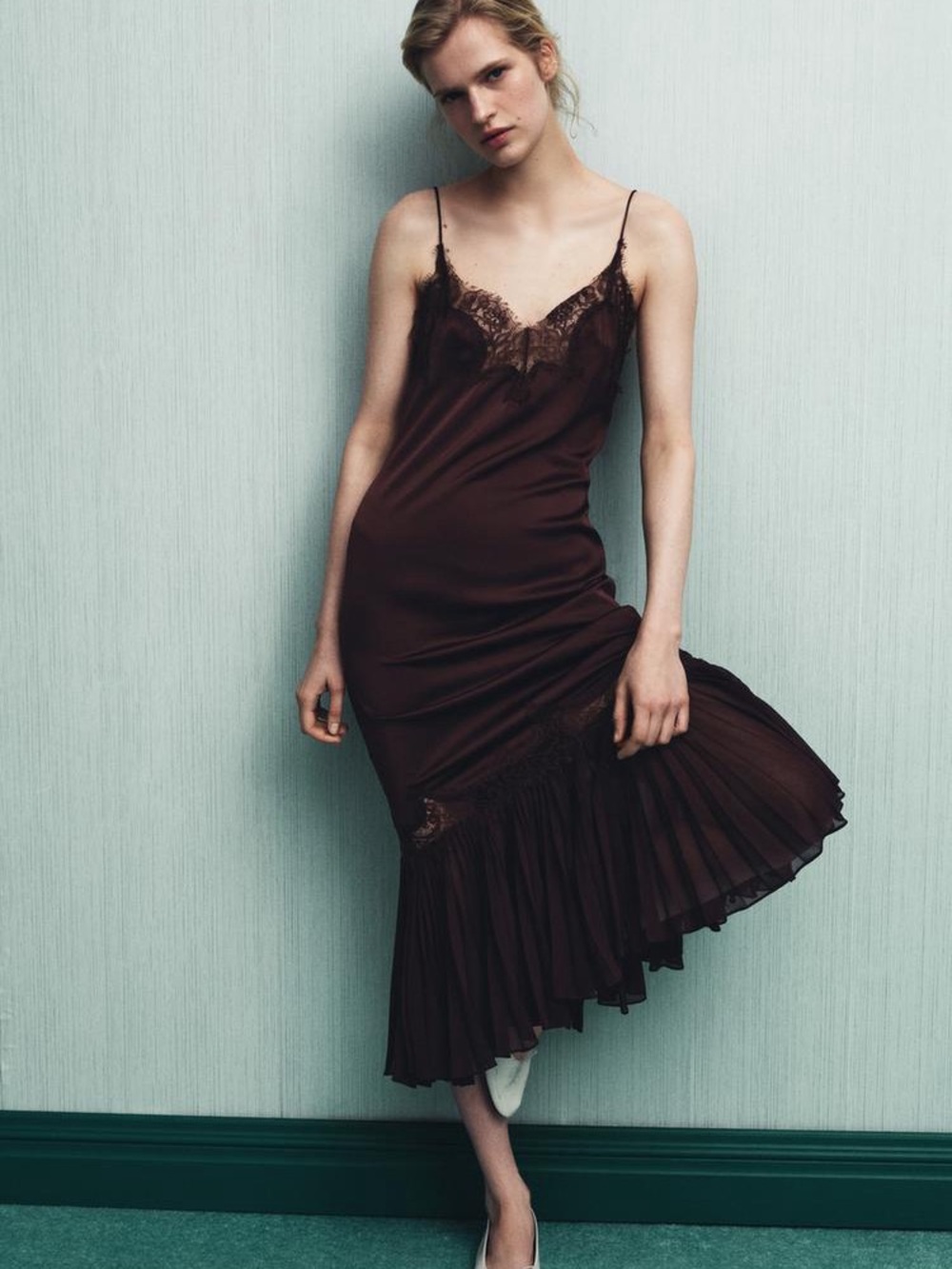 Zara PLEATED LACE COMBINATION DRESS NWT